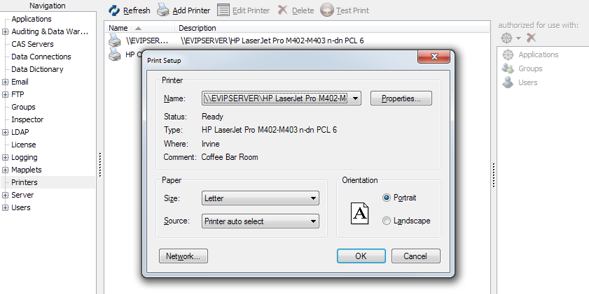 Windows Print Setup dialog shown after selecting the Add Printer button.   You can configure the paper size, source tray, and orientation, as well as advanced printer properties.